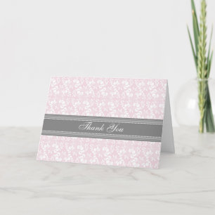 Pink Grey Damask Wedding Thank You Card