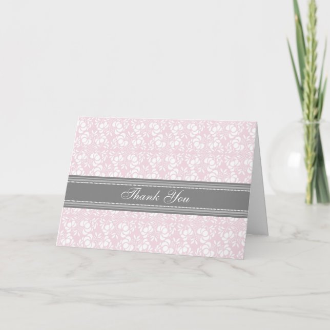 Pink Grey Damask Wedding Thank You Card (Front)