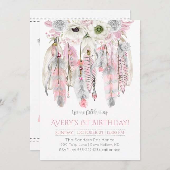 Pink Grey Dream Catcher Floral Feathers Arrows Invitation (Front/Back)