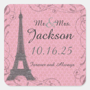 Pink grey Eiffel Tower custom wedding stickers