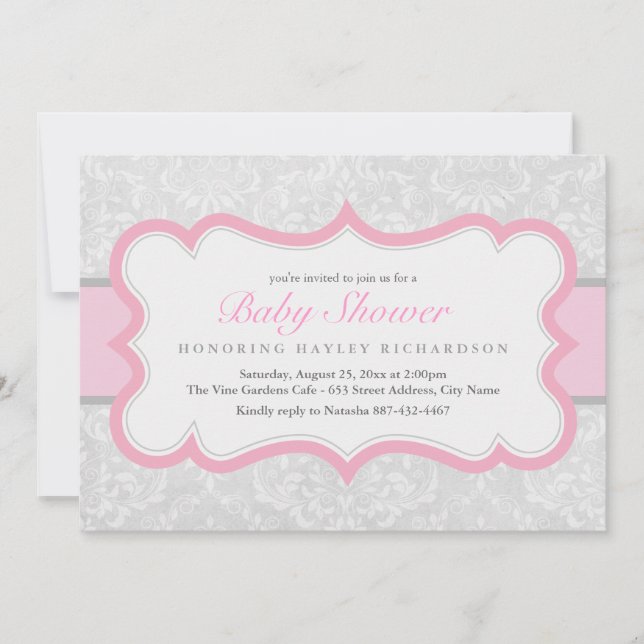 Pink & Grey Elegant Damask Baby Shower Invite (Front)
