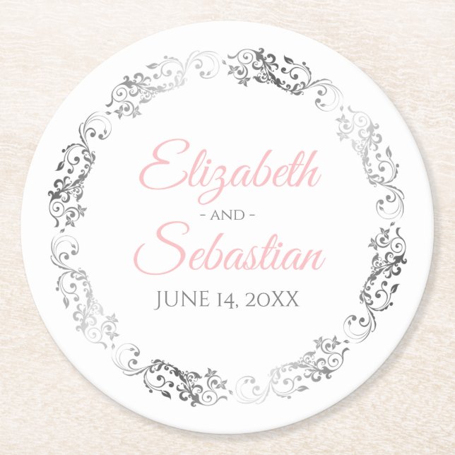Pink & Grey Elegant Floral Filigree Wedding Round Paper Coaster (Front)