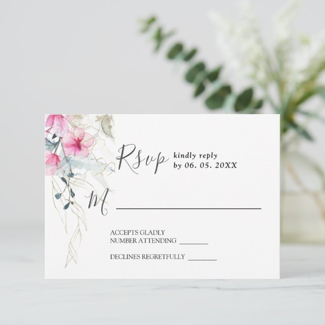 Pink Grey Elegant Floral Watercolor Wedding RSVP Card (Standing Front)