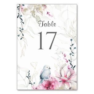 Pink Grey Elegant Floral with White Dove Wedding Table Number