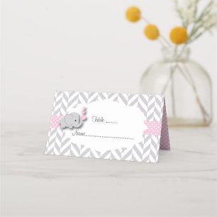 Pink & Grey Elephant Baby Shower Doubled-Sided Place Card