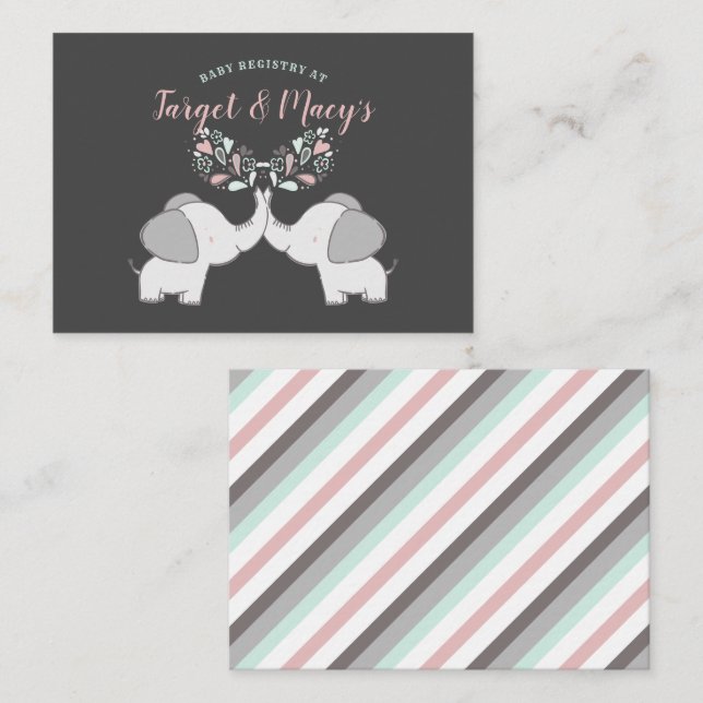 Pink & Grey Elephant Baby Shower Gift Registry Enclosure Card (Front/Back)