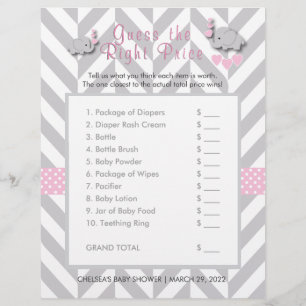 Pink & Grey Elephant Baby Shower - Guess the Price Flyer