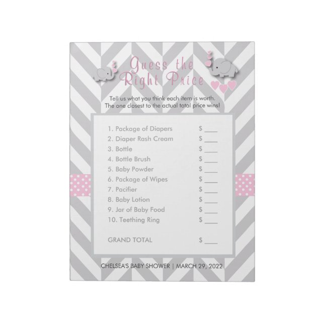 Pink & Grey Elephant Baby Shower - Guess the Price Notepad (Rotated)
