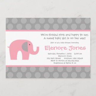 Pink Grey Elephant Baby Shower Invitation