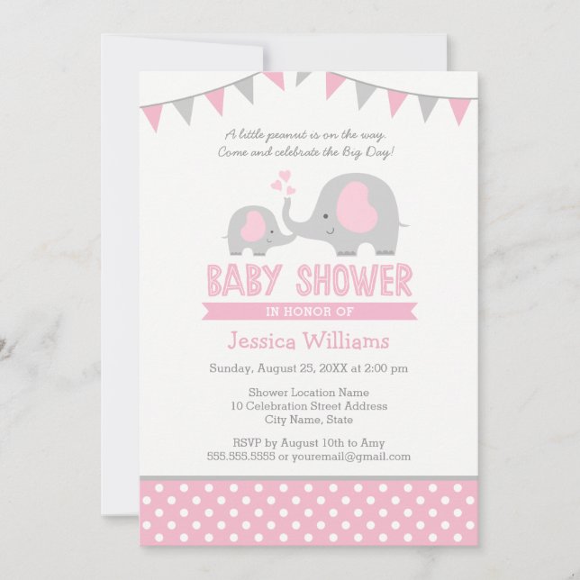 Pink Grey Elephant Baby Shower Invitation for Girl (Front)