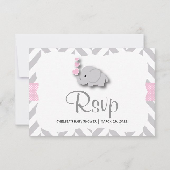 Pink & Grey Elephant Baby Shower - RSVP (Front)