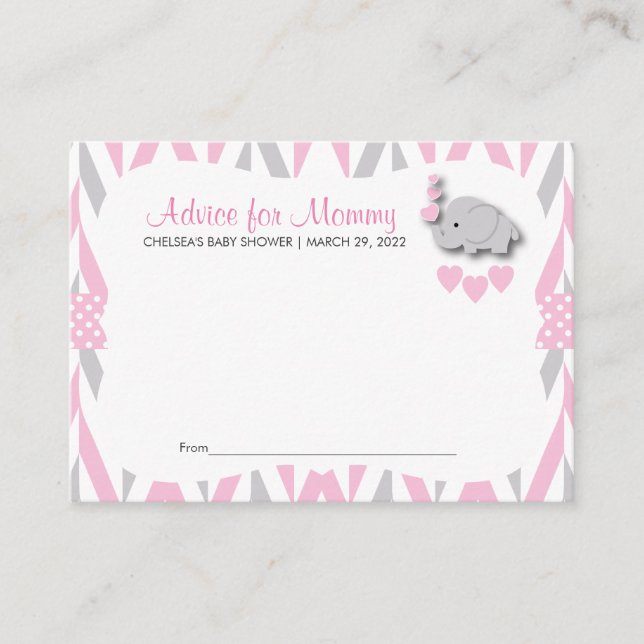 Pink & Grey Elephant Baby Shower Sm - Advice Card (Front)