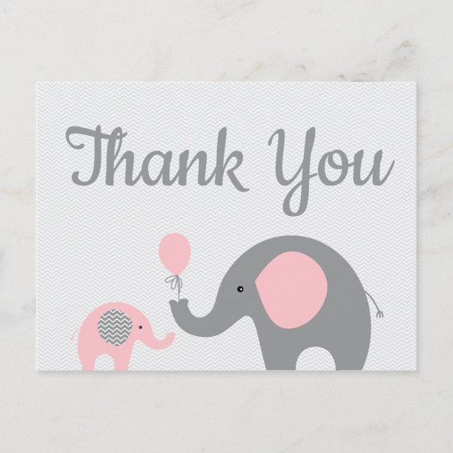 Pink Grey Elephant Baby Shower Thank You Postcard (Front)