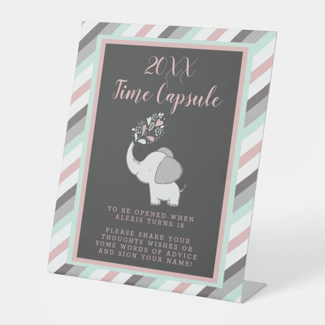 Pink & Grey Elephant Baby Shower Time Capsule Sign (Front)