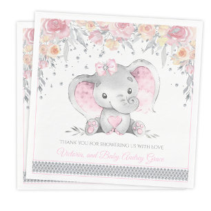 Pink Grey Elephant Diamond Floral Baby Shower Napkin