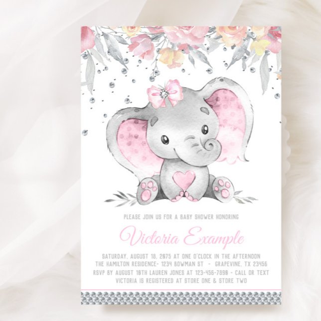 Pink Grey Elephant Floral Diamond Girl Baby Shower Invitation (Sweet baby girl elephant baby shower invitation. Instant download and printed invitations available.)