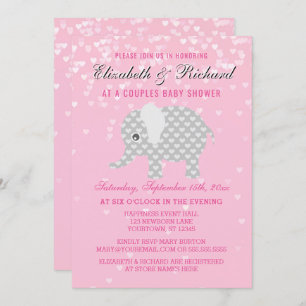 Pink Grey Elephant Hearts Couples Girl Baby Shower Invitation