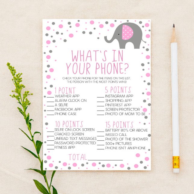 Pink Grey Elephant In Your Phone Baby Shower Game Stationery (Creator Uploaded)