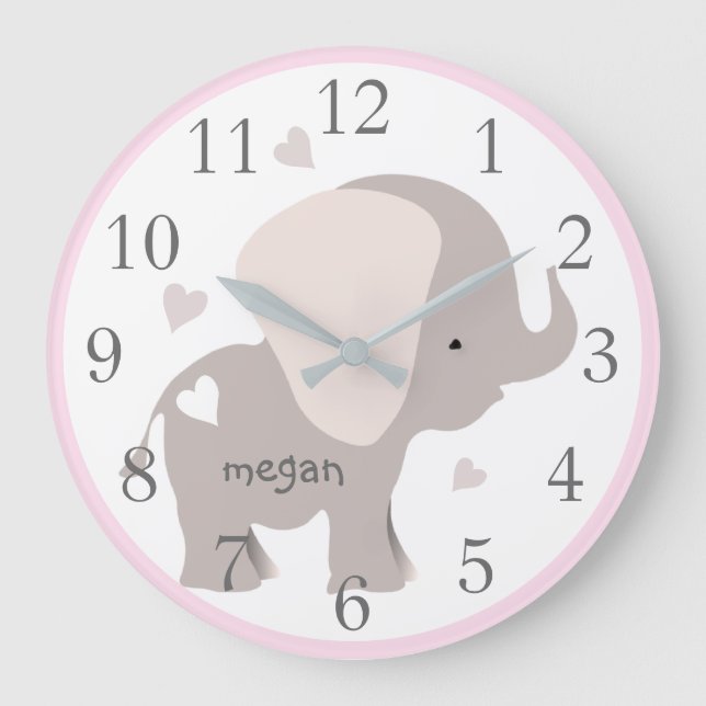 Pink Grey Elephant Nursery Wall Clock (Front)