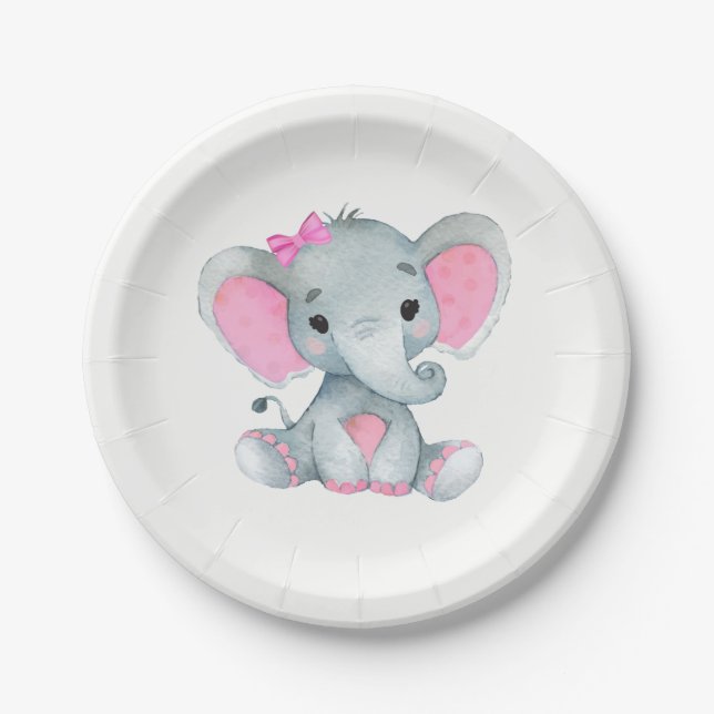 Pink Grey Elephant Plate 4 Baby Shower, Birthday (Front)