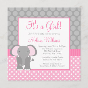 Pink Grey Elephant Polka Dot Girl Baby Shower Invitation