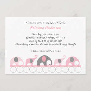 Pink & Grey elephants on books baby shower invite