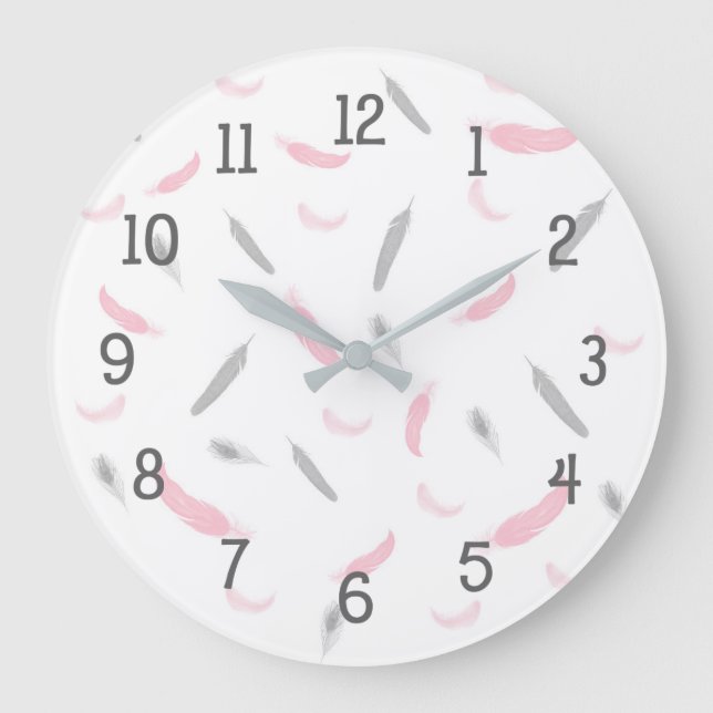 Pink Grey feathers clock, girl nursery bedroom Large Clock (Front)