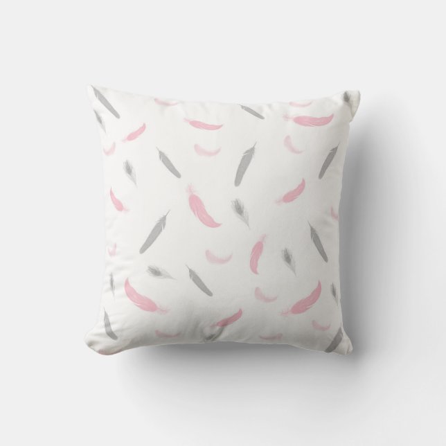Pink Grey Feathers throw pillow (Front)