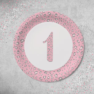 Pink Grey First Birthday 2 Leopard Pattern  Paper Plate