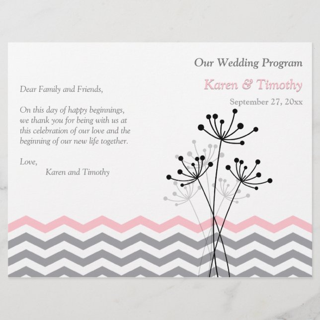 Pink, Grey Floral, Chevron Wedding Program (Front)