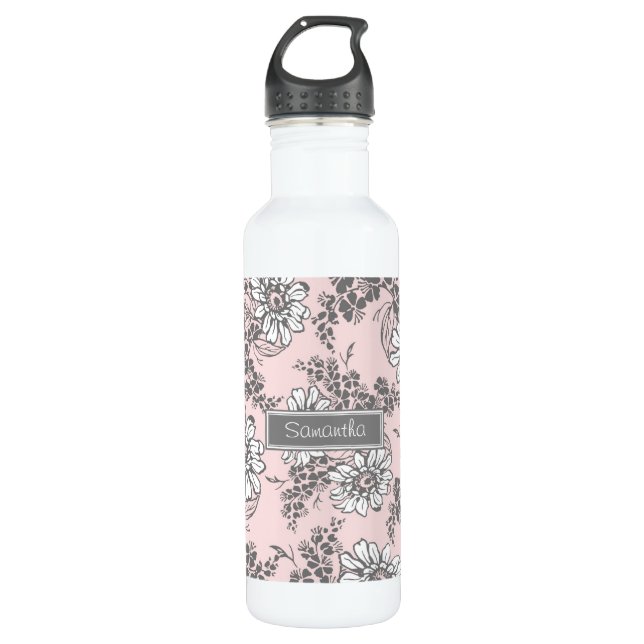 Pink Grey Floral Custom Name 710 Ml Water Bottle (Front)