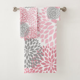 Pink Grey Floral Dahlia blossoms bath decor Towel Set