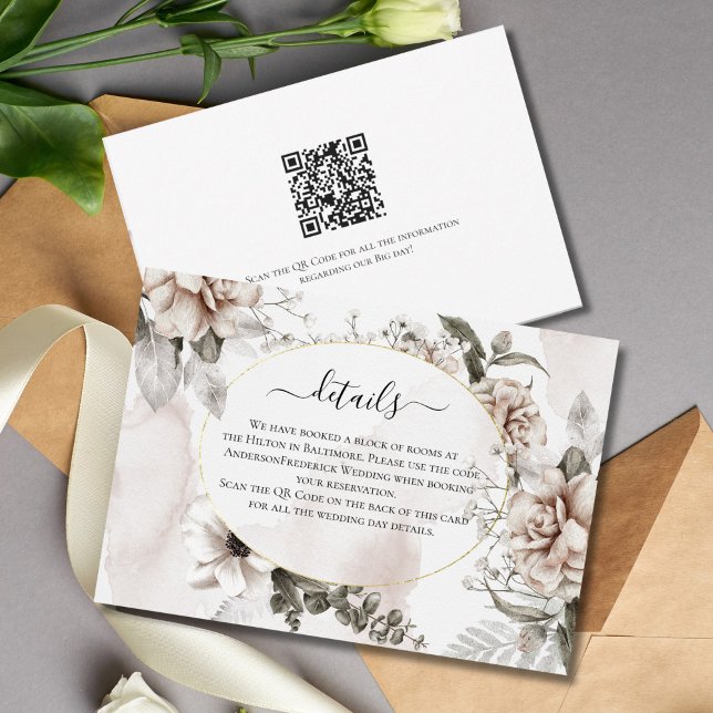 Pink Grey Floral Elegant Wedding Details card (Pink Gray Floral Watercolor Wedding details card)