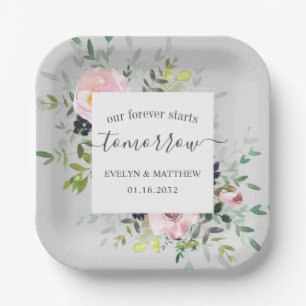 Pink Grey Floral Forever Starts Tomorrow Rehearsal Paper Plate