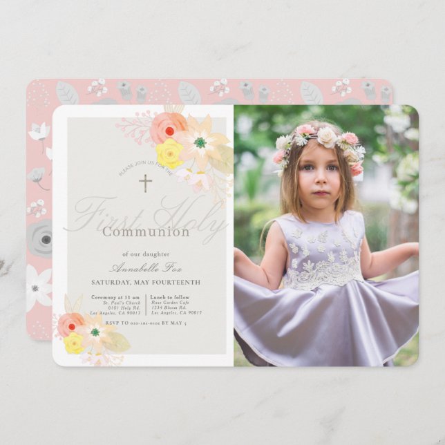 Pink Grey Floral Girl Photo First Holy Communion Invitation (Front/Back)