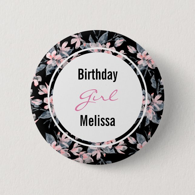 Pink & Grey Floral Pattern Birthday Girl 6 Cm Round Badge (Front)