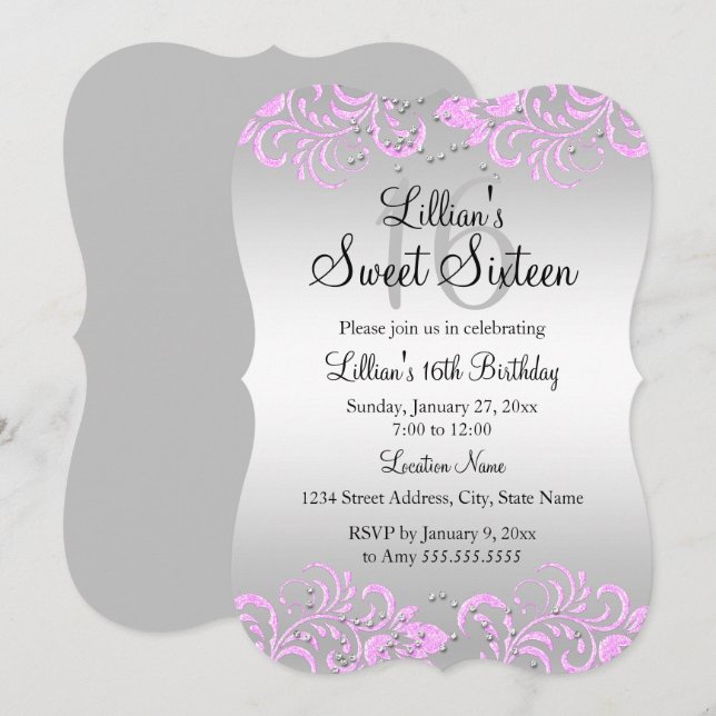 Pink Grey Floral Swirl Sweet 16 Invite (Front/Back)