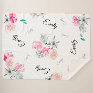 Pink Grey Floral watercolor baby girl name Sherpa Blanket