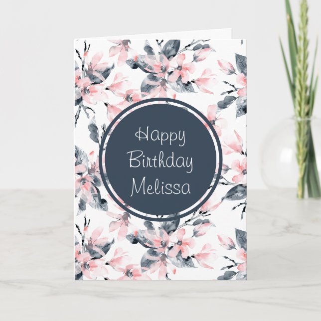 Pink & Grey Floral Watercolor Pattern Birthday Card (Front)