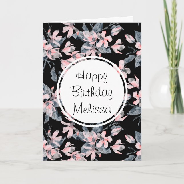 Pink & Grey Floral Watercolor Pattern Birthday Card (Front)