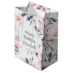 Pink & Grey Floral Watercolor Pattern Birthday Medium Gift Bag