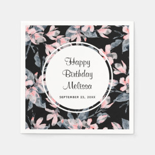 Pink & Grey Floral Watercolor Pattern Birthday Napkin