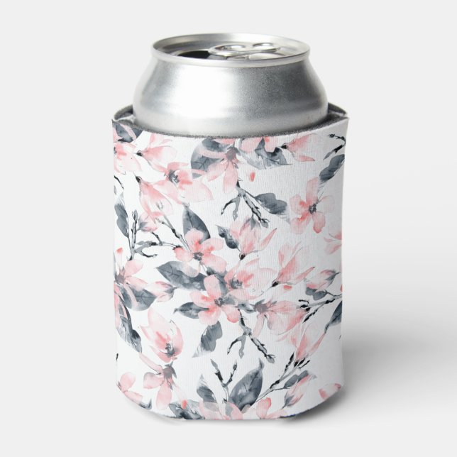 Pink & Grey Floral Watercolor Pattern Can Cooler (Can Front)