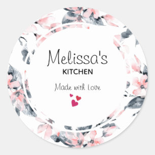 Pink & Grey Floral Watercolor Pattern Kitchen Classic Round Sticker