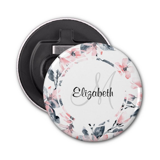 Pink & Grey Floral Watercolor Pattern Monogram Bottle Opener (Front)