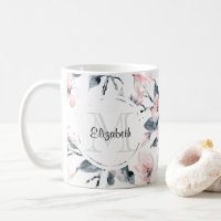 Pink & Grey Floral Watercolor Pattern Monogram