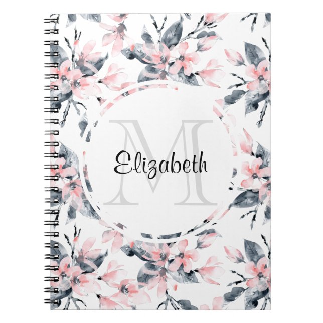 Pink & Grey Floral Watercolor Pattern Monogram Notebook (Front)