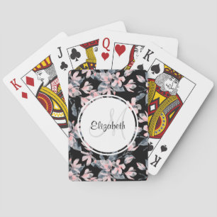 Pink & Grey Floral Watercolor Pattern Monogram Playing Cards