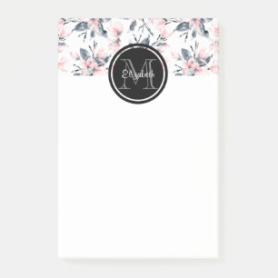 Pink & Grey Floral Watercolor Pattern Monogram Post-it Notes