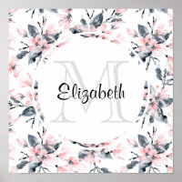 Pink & Grey Floral Watercolor Pattern Monogram